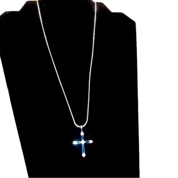 VTG Sterling Blue White CZ Cross Stamped 925 JJT CZ 1.4” w 20” 925 Snake Chain - Picture 2 of 8